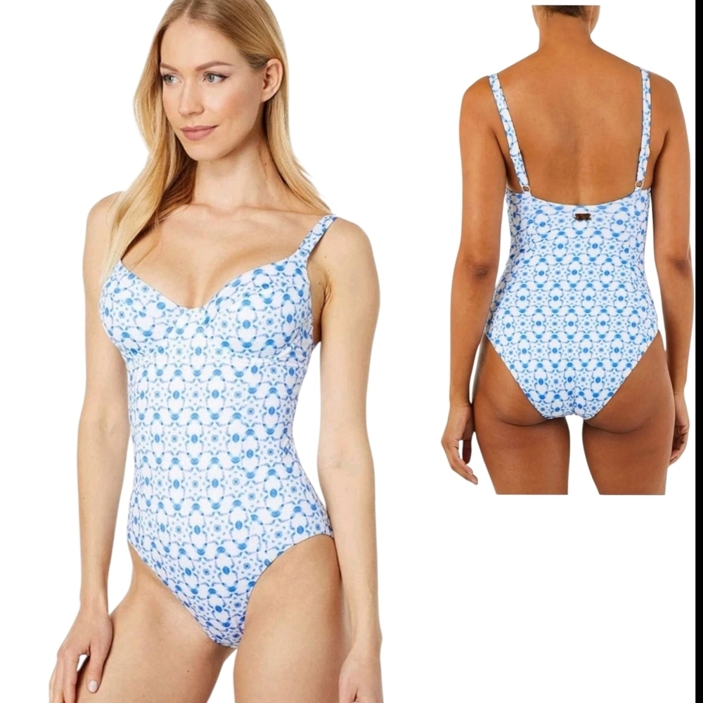 Vilebrequin Ikat Medusa Blue White V-Neck One-Piece Swimsuit Size 6